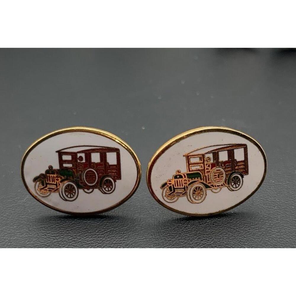 Vintage Avon Gold Plated Enamel Oval Antique Car‎ Oval Cufflinks Signed